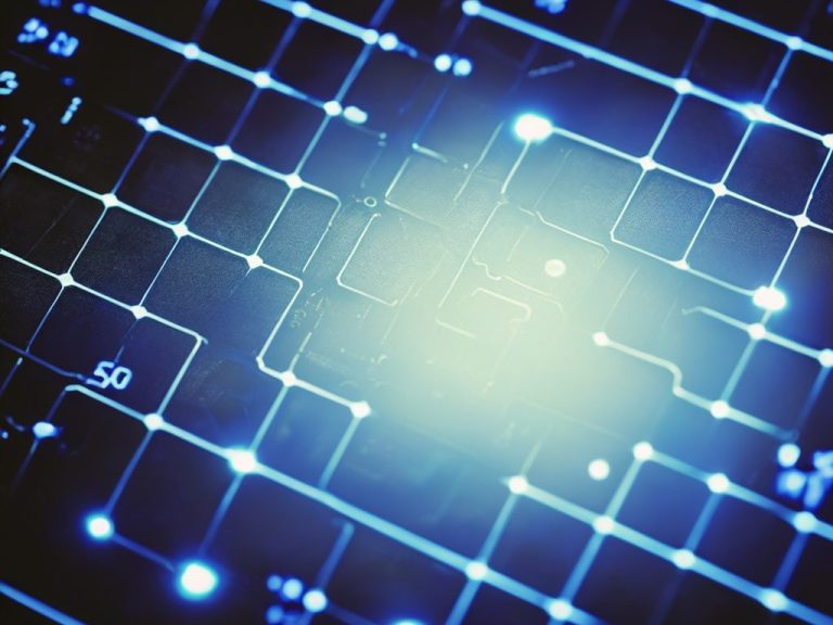 Close-up of a red circuit board with intricate pathways and glowing components.